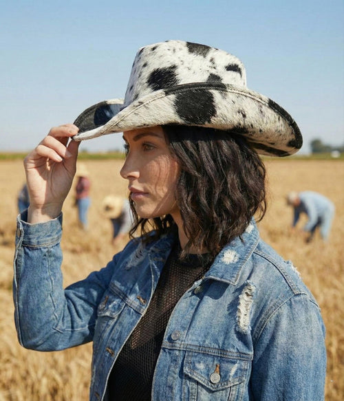 Handmade Cowhide Leather Cowboy Hat | Brown & White Hair on Western Hat