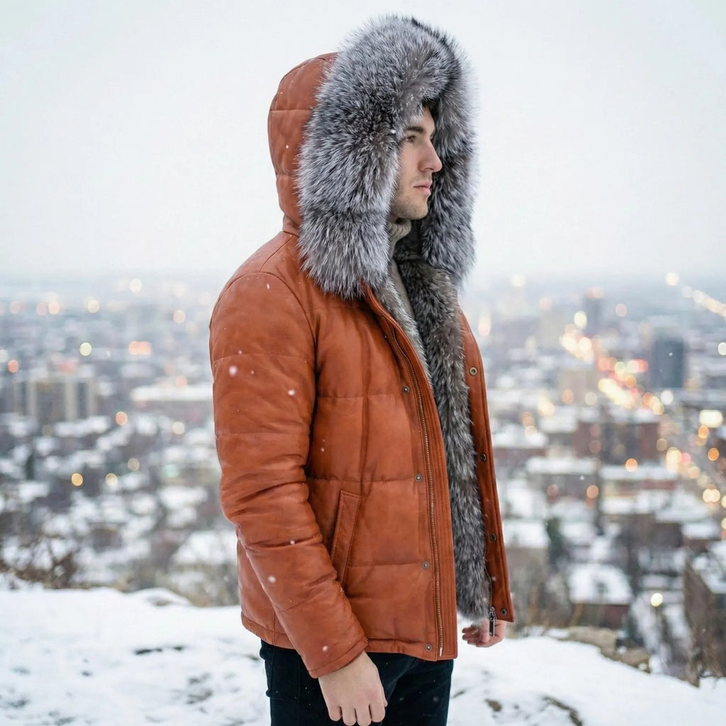 Men's Leather Puffer Jacket with Fur Hood - Quilted Winter Coat - Warm Down Parka