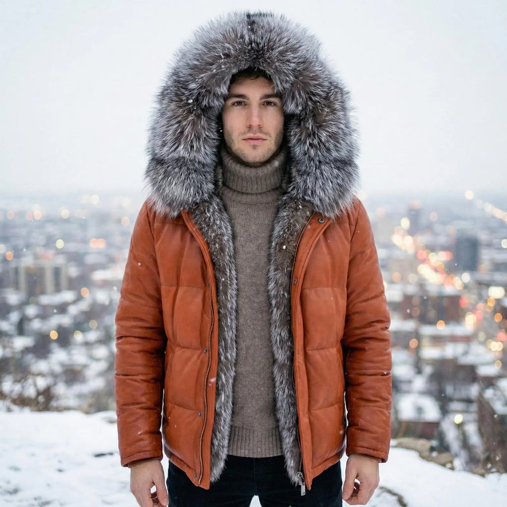 Men's Leather Puffer Jacket with Fur Hood - Quilted Winter Coat - Warm Down Parka