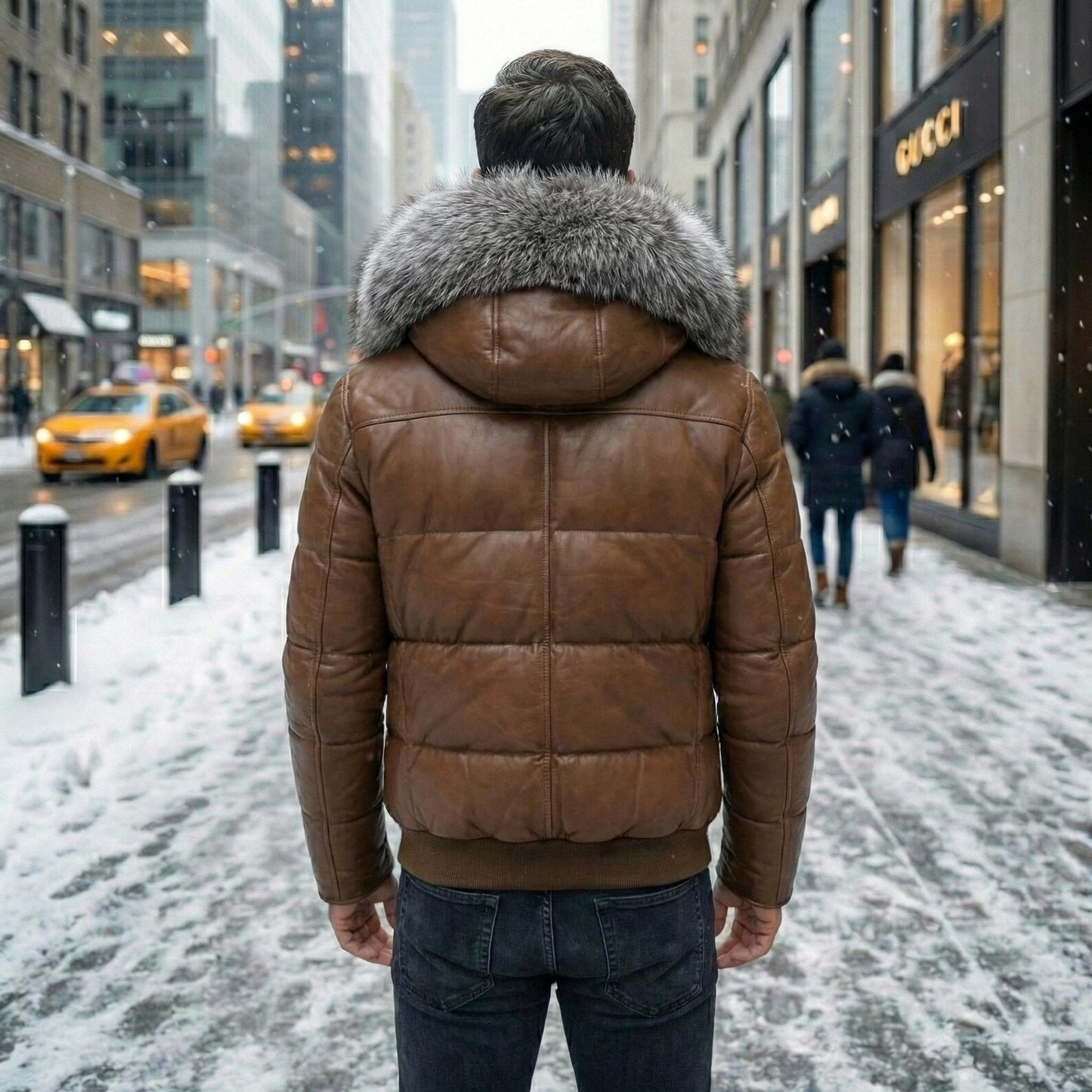 Men's Brown Leather Puffer Jacket with Fur Hood