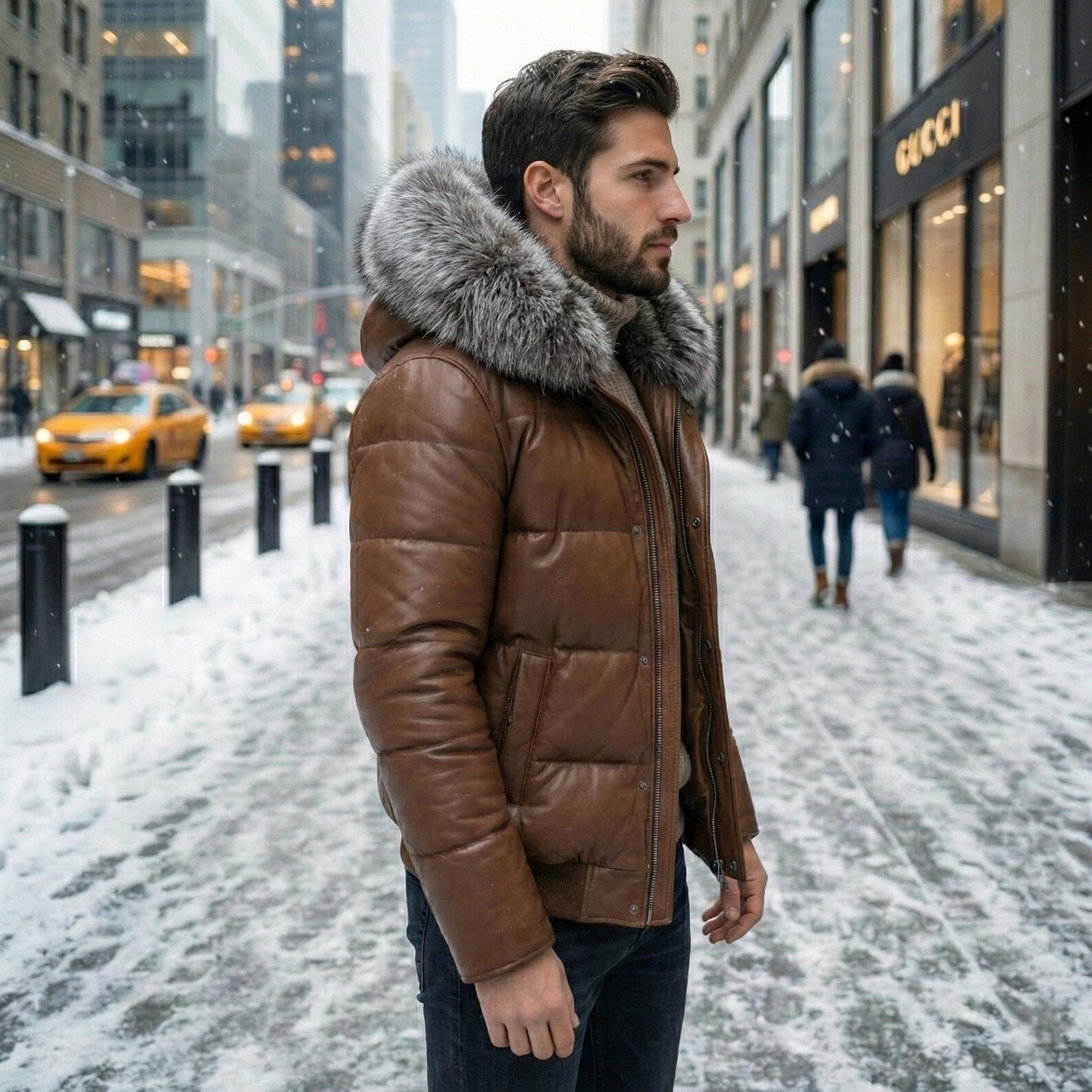 Men's Brown Leather Puffer Jacket with Fur Hood