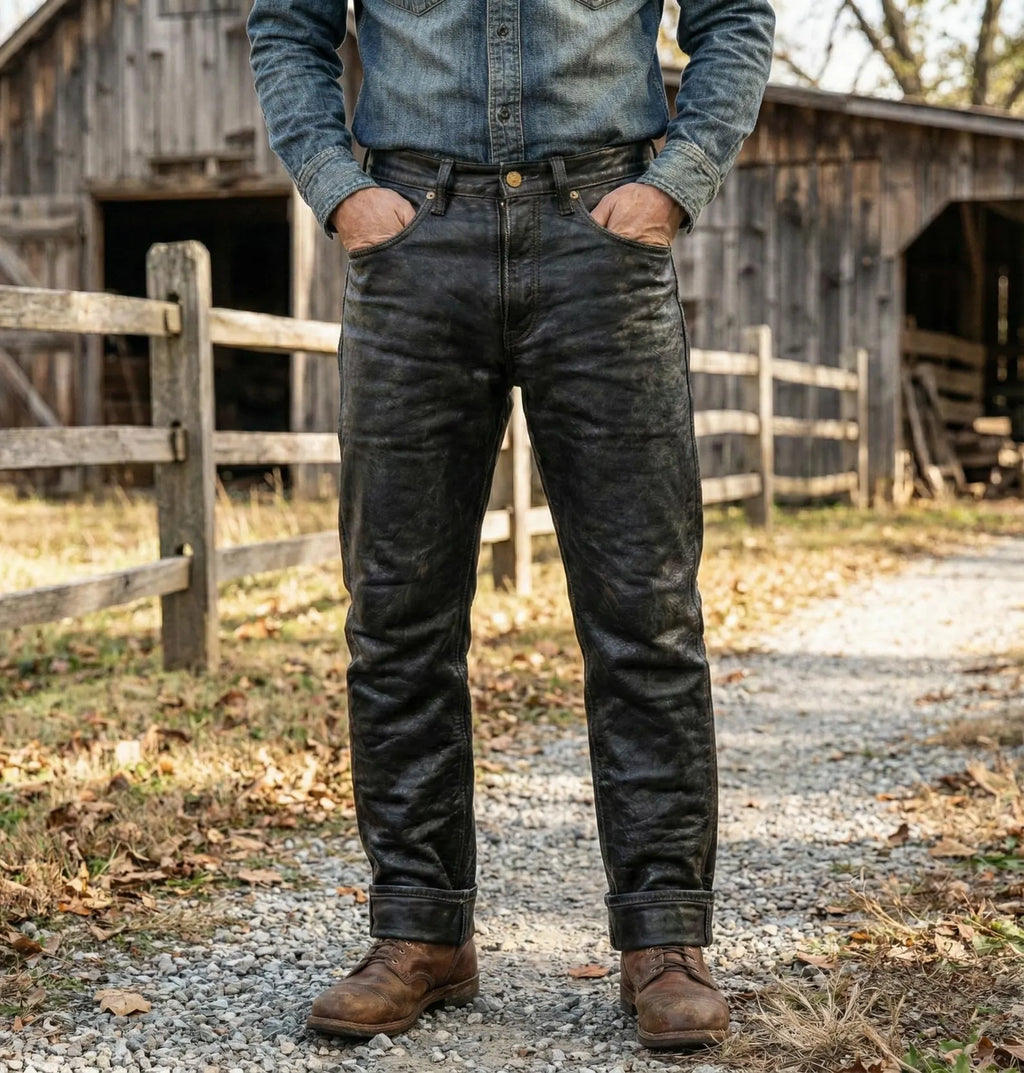 Heavy Duty Vintage Style Leather Pants - Classic Biker Cut - Straight Leg