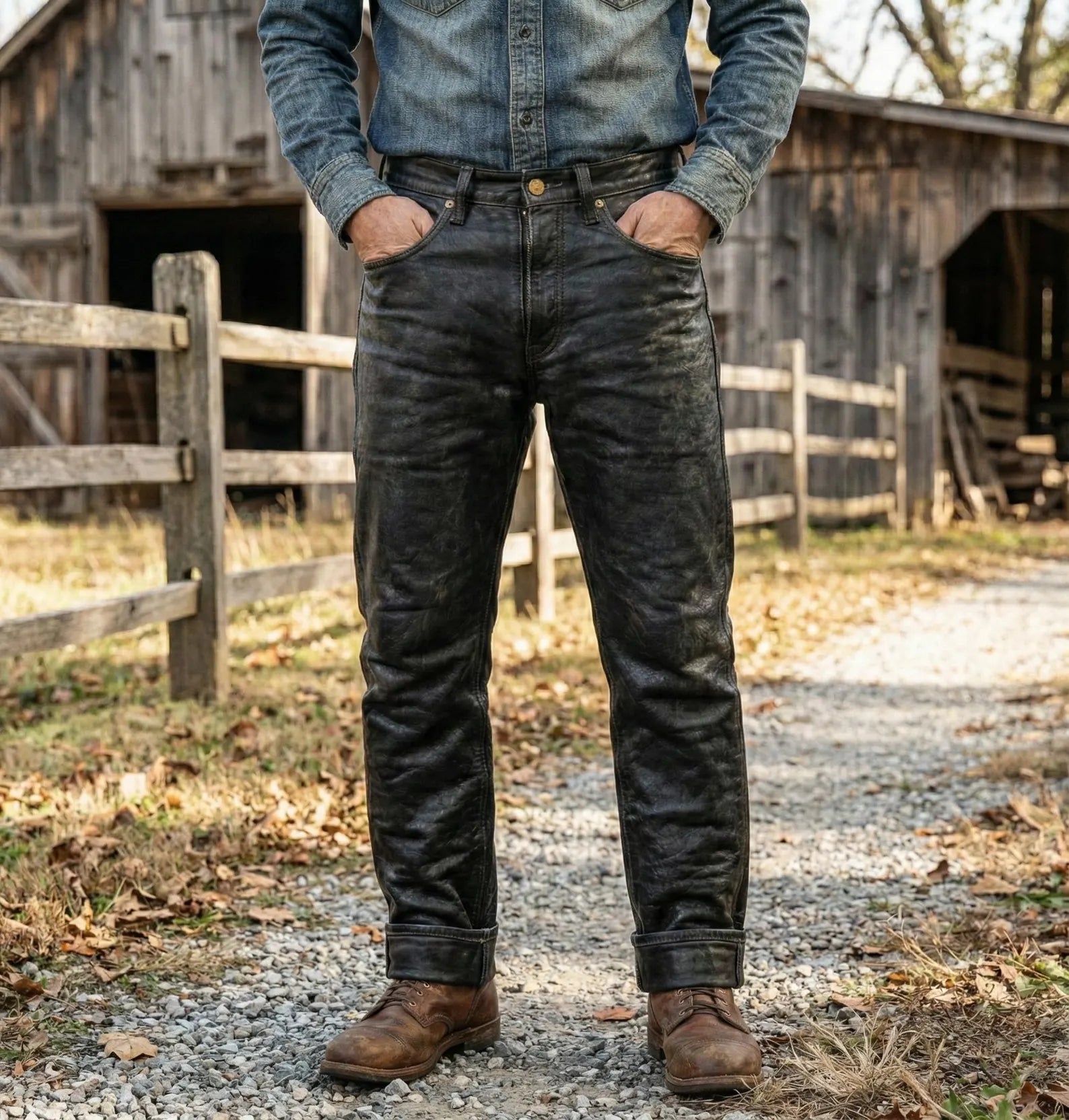 Heavy Duty Vintage Style Leather Pants - Classic Biker Cut - Straight Leg
