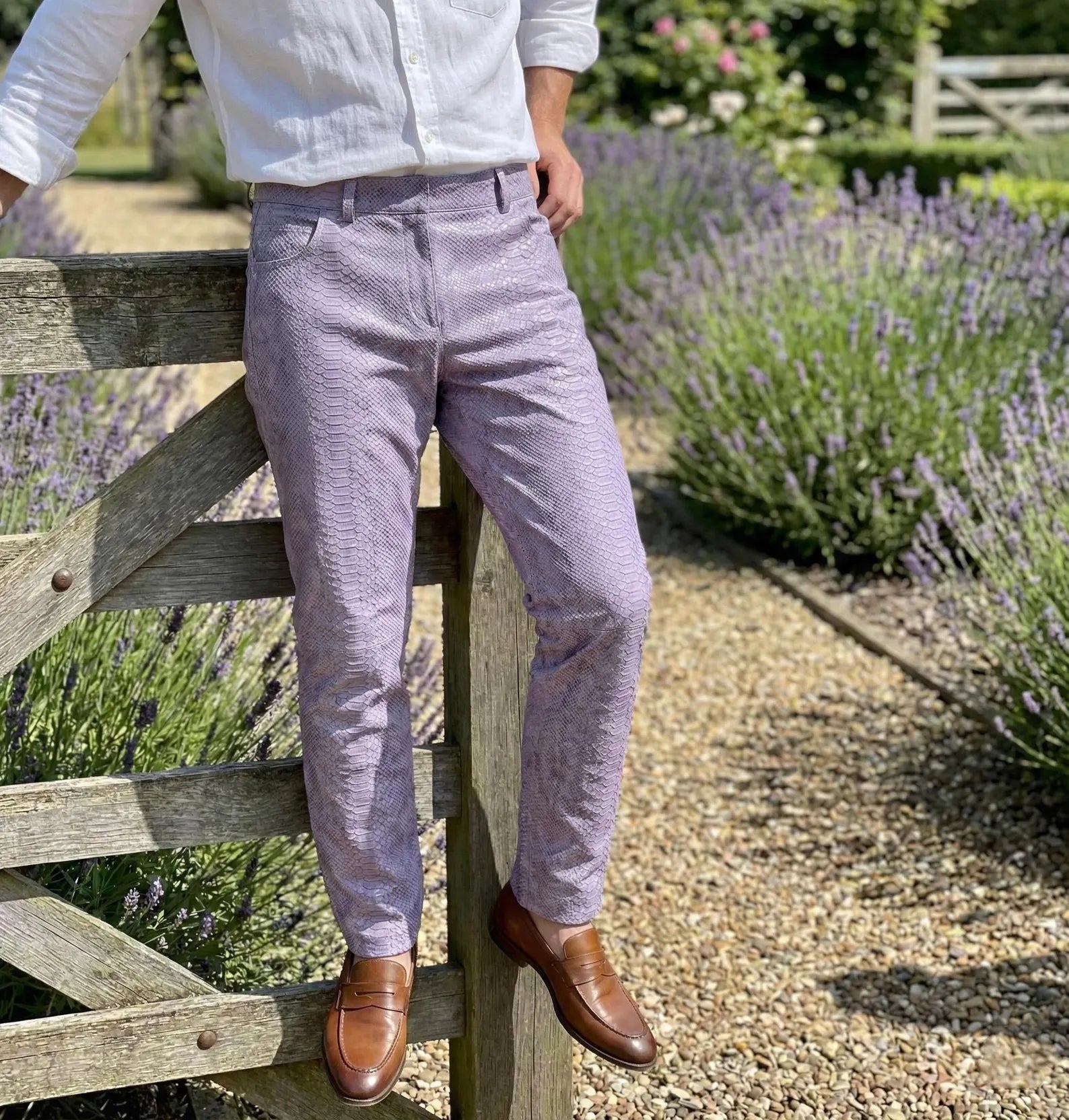 Men's Lavender Python Leather Pants - Rocker Streetwear Trousers - Statement Snake Print