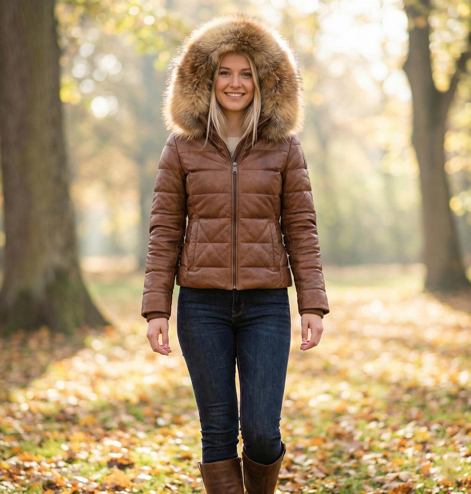 Women's Brown Leather Puffer Jacket with Fur Hood, Quilted Winter Coat, Warm Lambskin Bomber