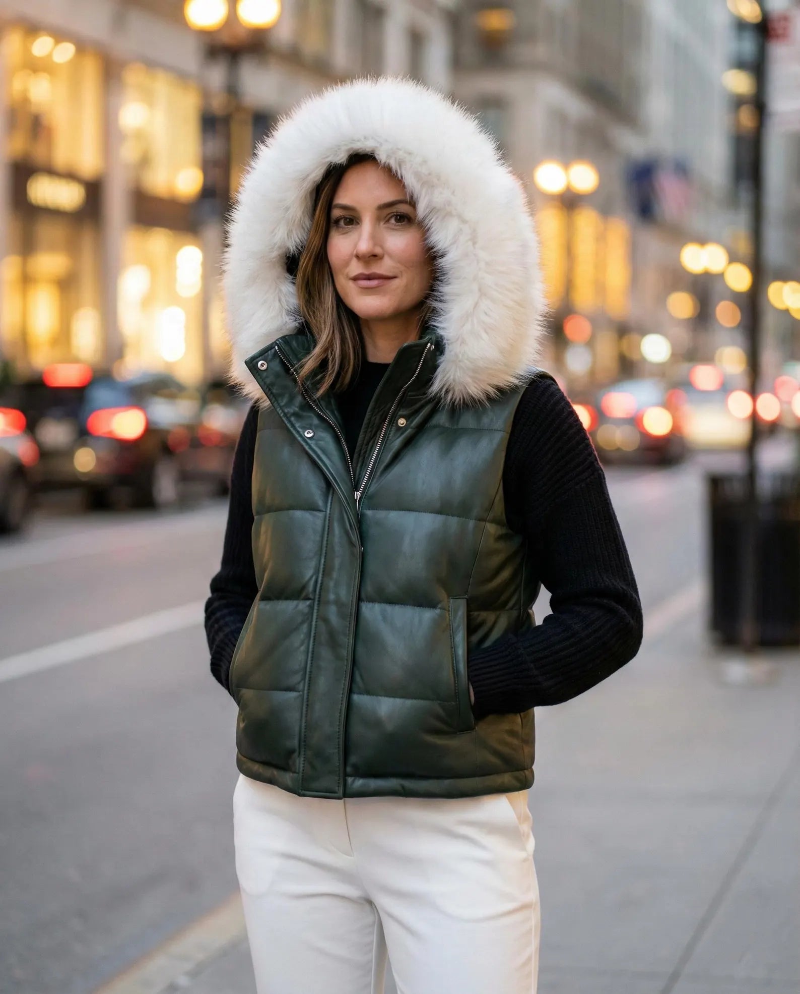 Women's Leather Puffer Vest with Fur Hood, Winter Quilted Gilet, Warm Sleeveless Jacket