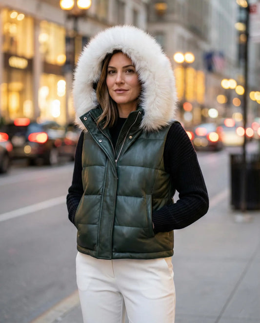 Women's Leather Puffer Vest with Fur Hood