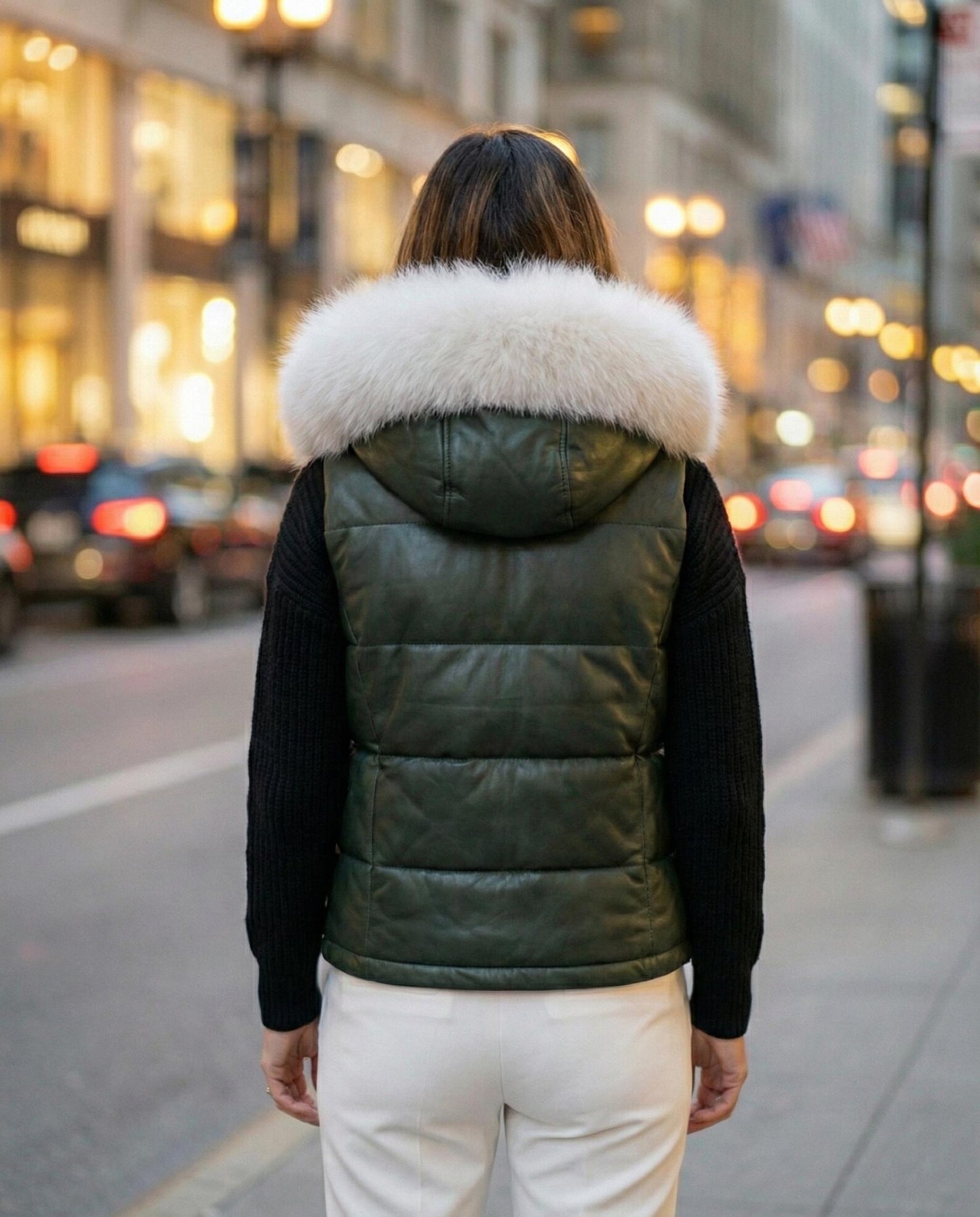 Women's Leather Puffer Vest with Fur Hood