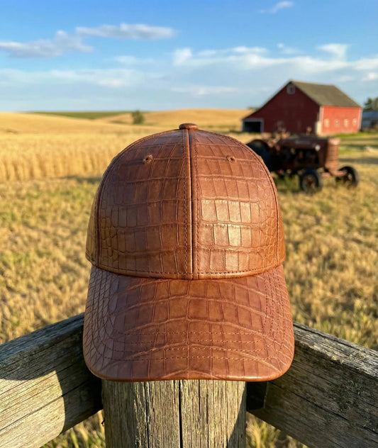 Brown Crocodile Embossed Leather Baseball Cap