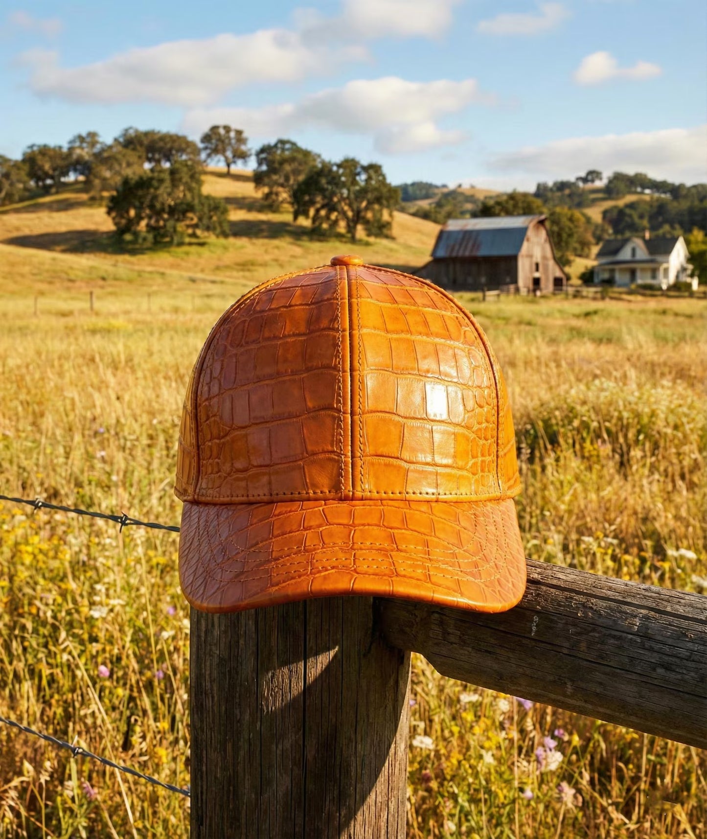 Orange Crocodile Embossed Leather Baseball Cap
