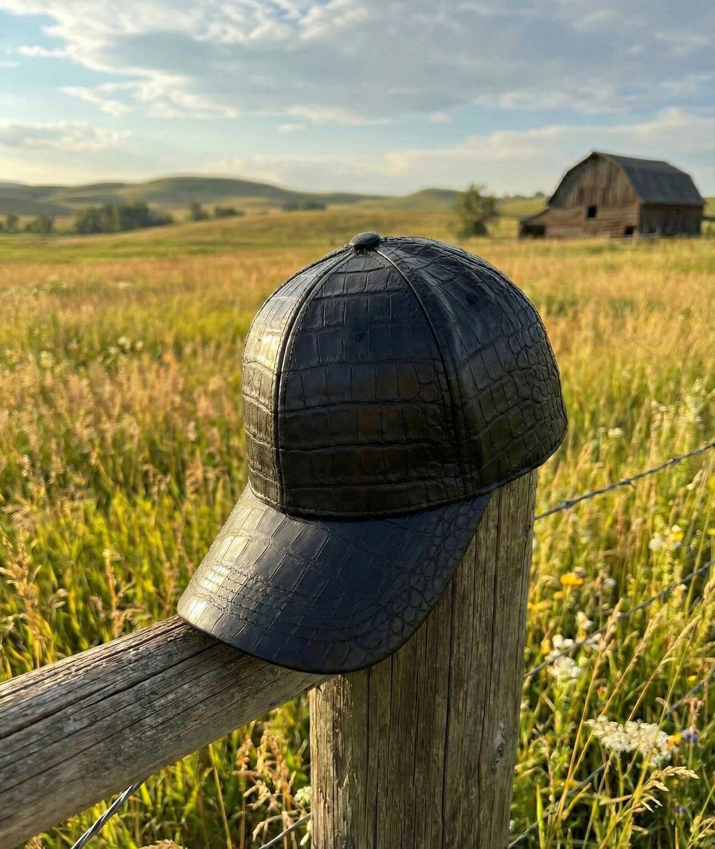 Black Crocodile Leather Baseball Cap