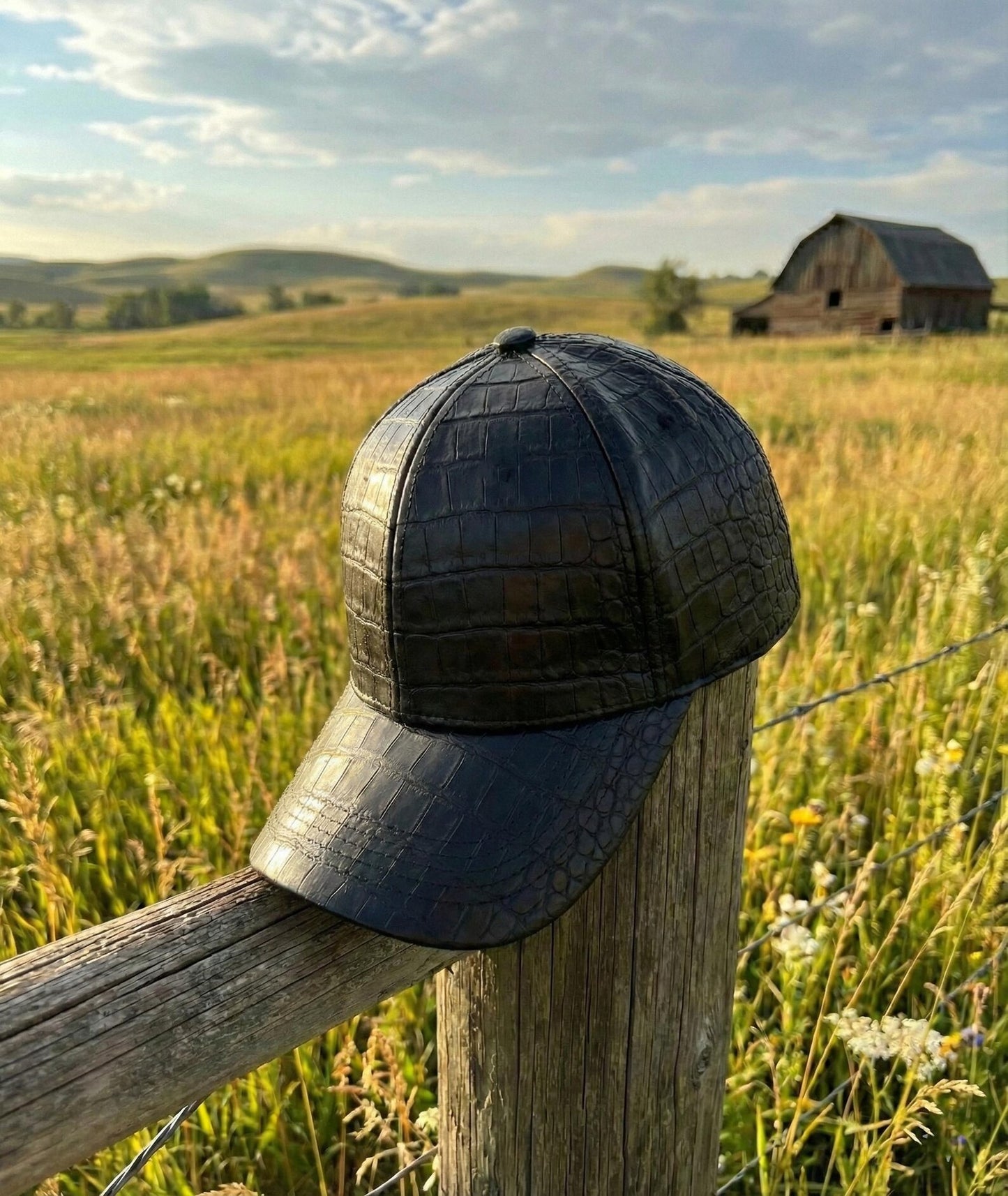 Black Crocodile Leather Baseball Cap