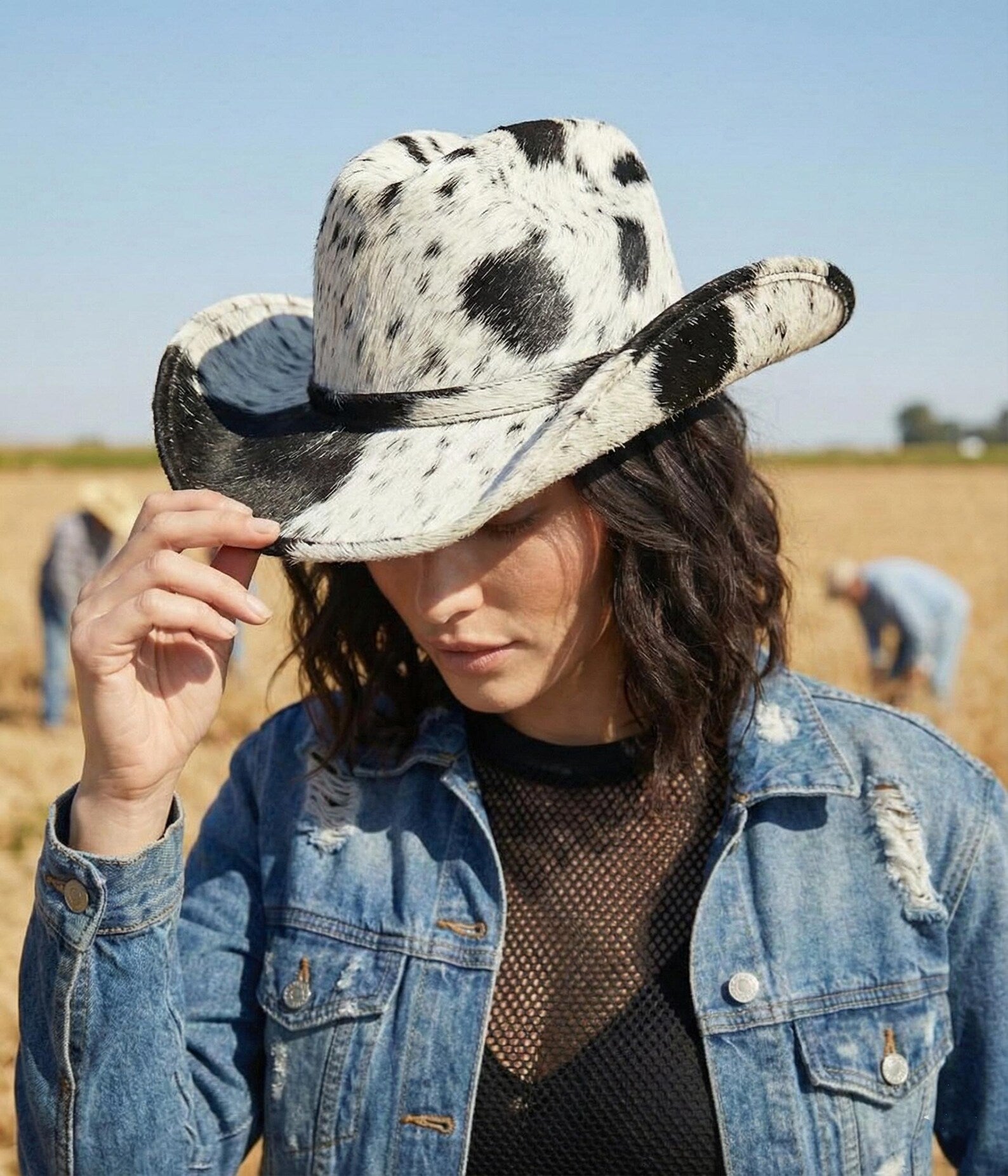 Handmade Cowhide Leather Cowboy Hat | Brown & White Hair on Western Hat