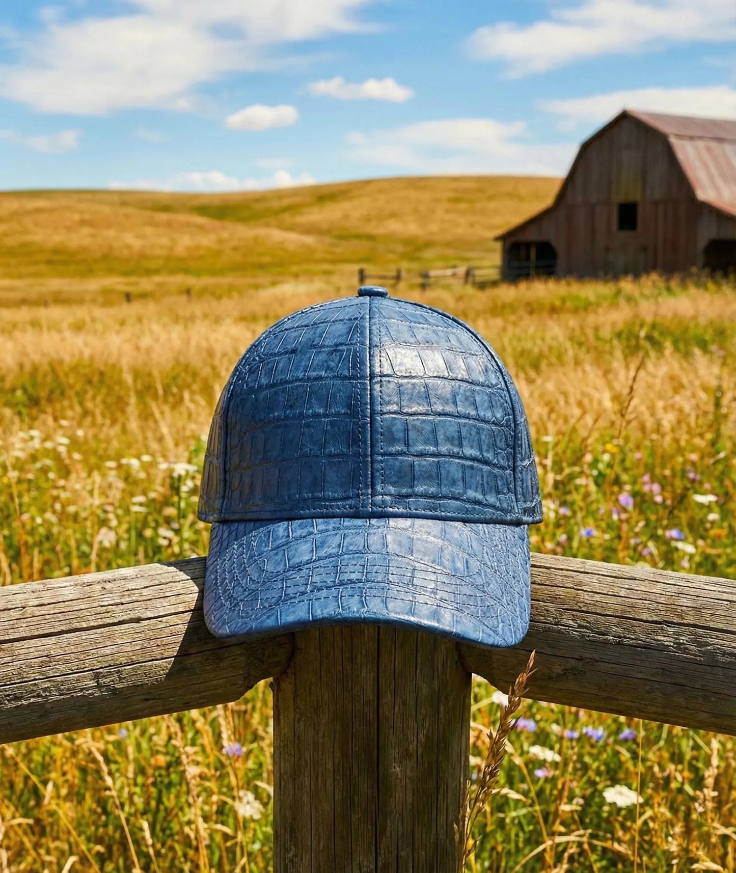 Blue Crocodile Embossed Leather Baseball Cap