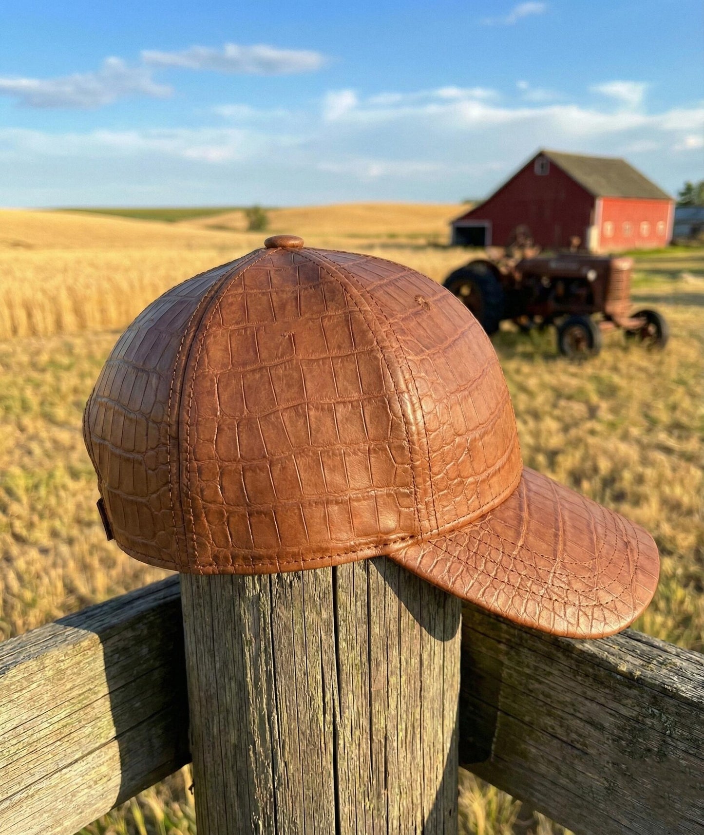 Brown Crocodile Embossed Leather Baseball Cap