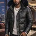 Men Black Leather Puffer Jacket with Fur Hood