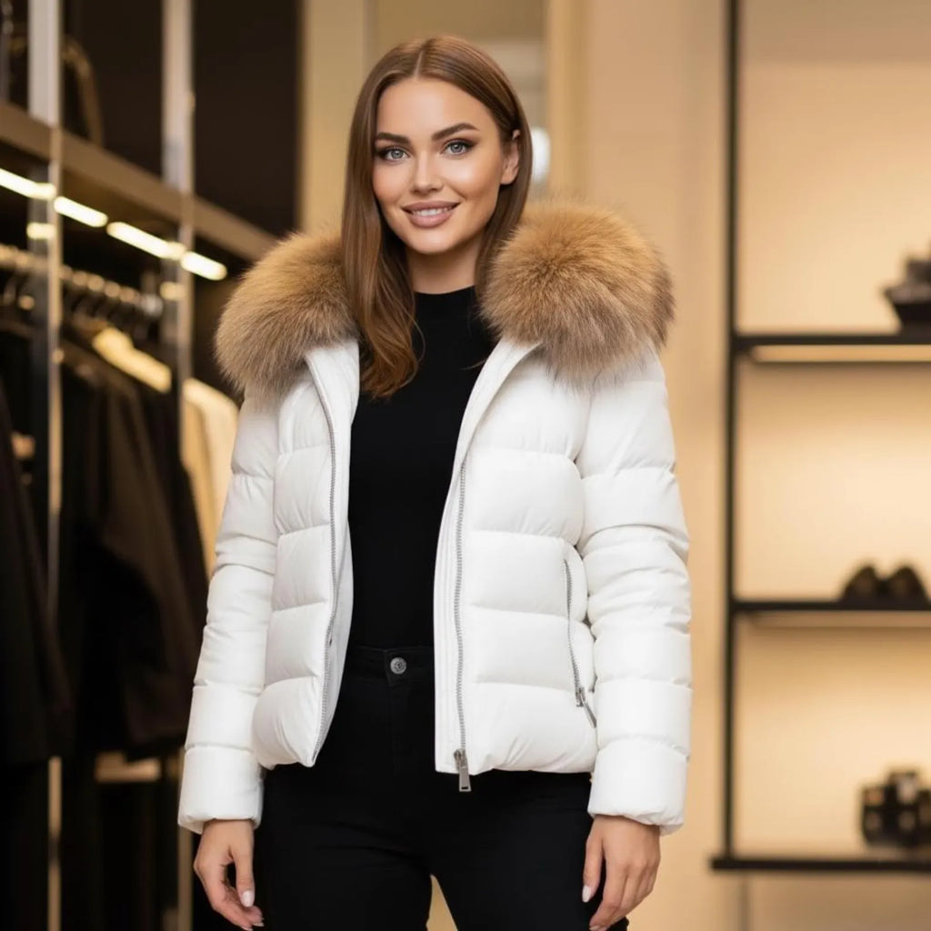 puffer leather jacket fur for women white color womens puffer coat with real foxfur