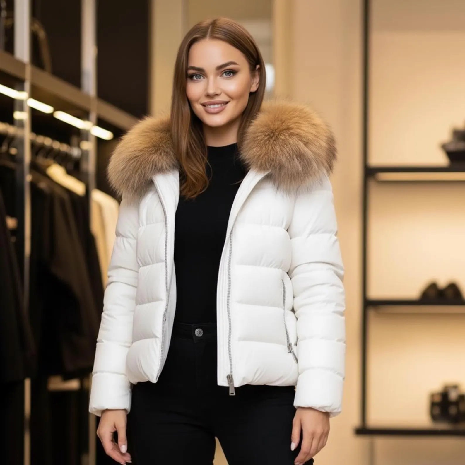 puffer leather jacket fur for women white color womens puffer coat with real foxfur