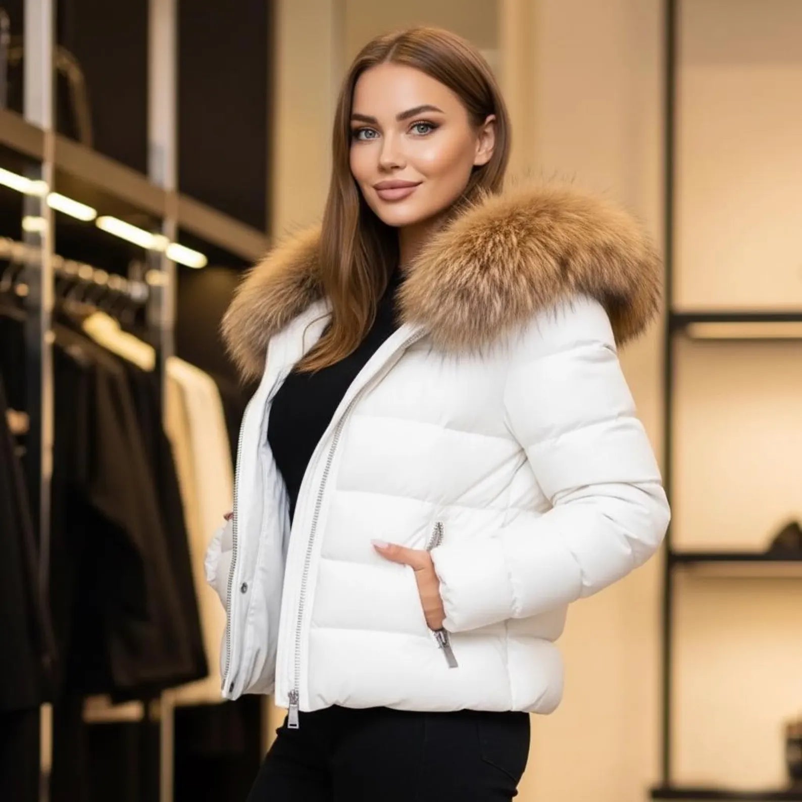 puffer leather jacket fur for women white color womens puffer coat with real foxfur